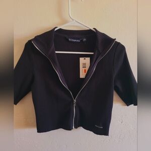 CALVIN KLEIN JEANS - Small Black Crop Ribbed Zip Up Sweater
